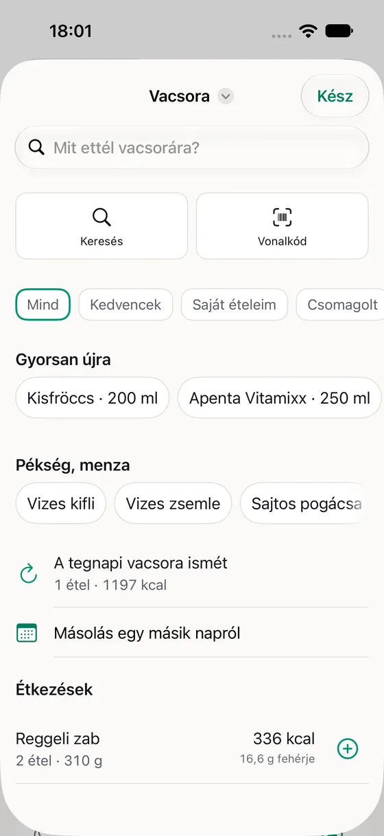 Étel hozzáadása: keresés és vonalkód gomb, alatta pékségi és menzás tételek, például vizes kifli és sajtos pogácsa.