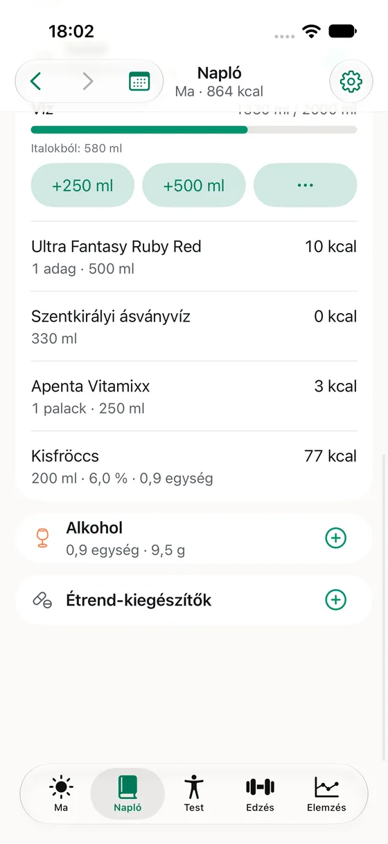 A Víz kártya vízcéllal és gyorsgombokkal, az italokból jövő vízzel külön sorban, alatta az alkohol egységben.